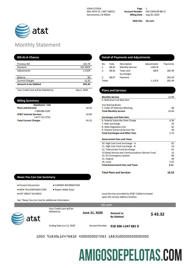 realista Modelo de conta de serviços públicos fácil de preencher da USA Texas AT&T em formato Word e PDF